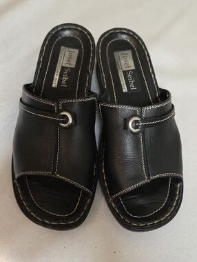 Josef Seibel Black Leather Open-Toe Slip-On Mules with Silver Ring